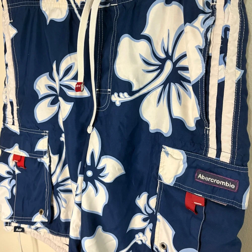 Y2K Abercrombie & Fitch Swim Trunks Mens XL Blue Hibiscus Floral Board Shorts